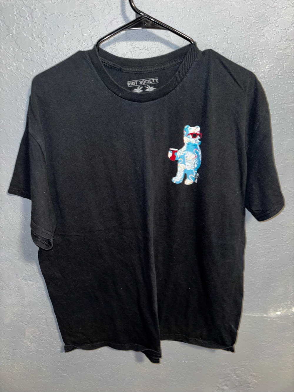 Riot Society Black Graphic Tee with Blue Bear Design